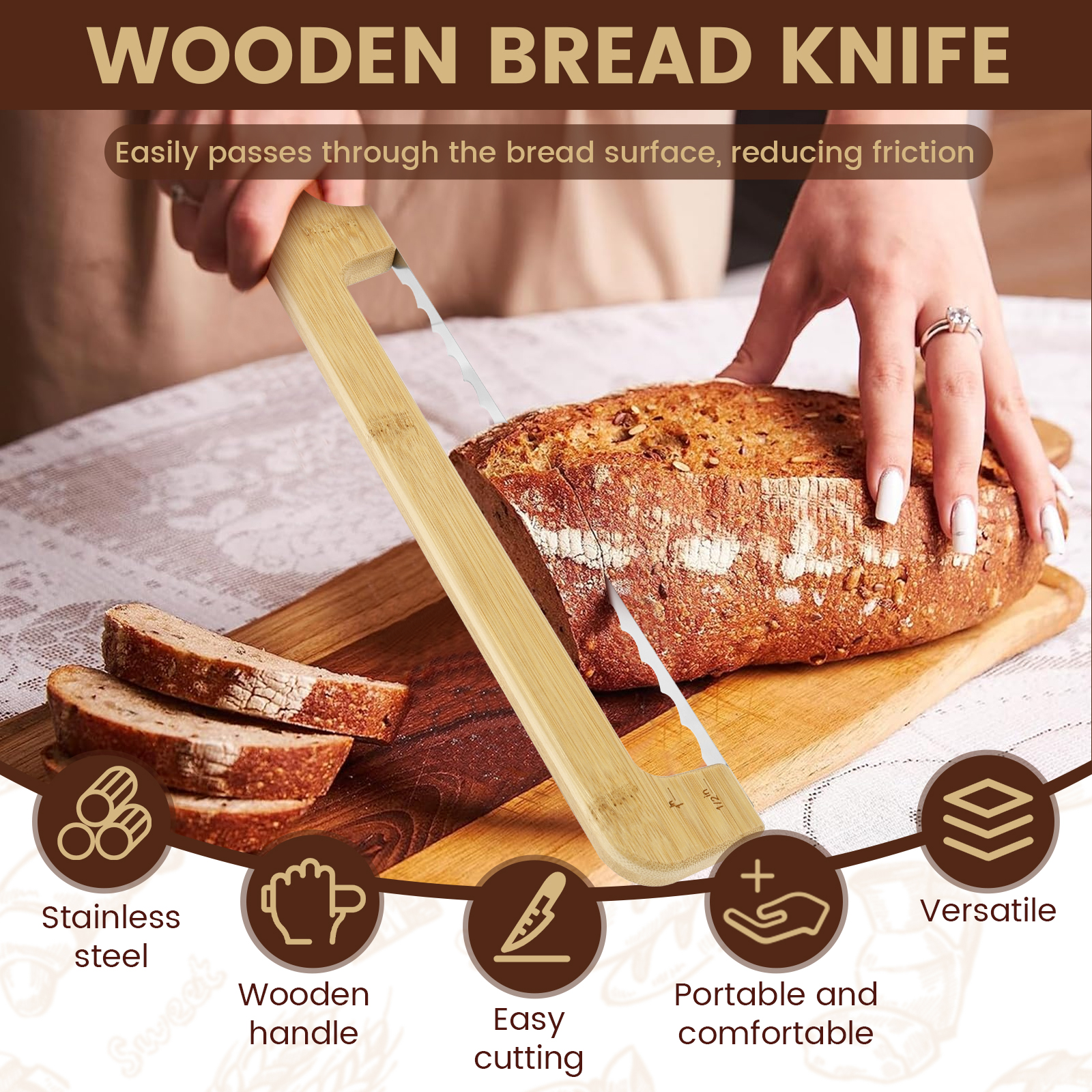 Wood Sourdough Bread Knife Slicer with Blade Protector and Storage Bag Serrated Bow Bread Knife with Handle for Even Slicing