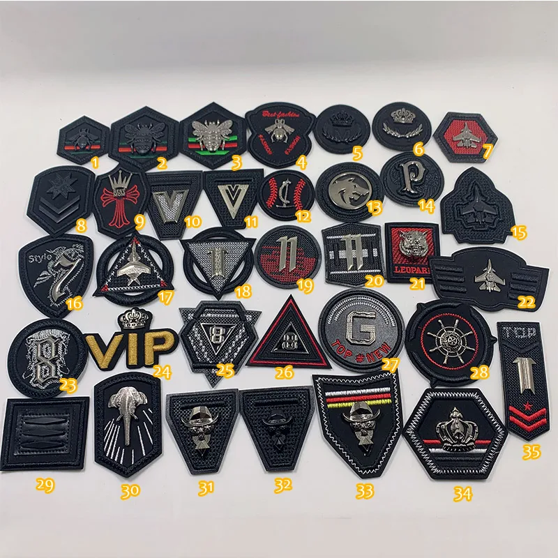 Parches bordados de cuero y Metal negro 3D para ropa, sin pegatina para planchar, coser en ropa, corona, abeja, tigre, Lobo, rayas de roca