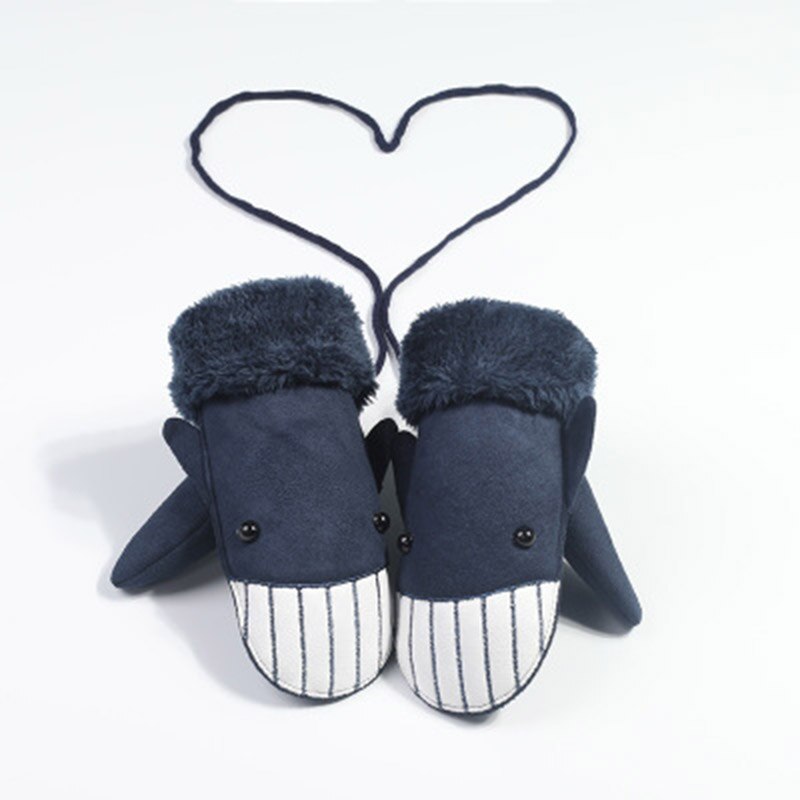Gants pour enfants hiver épais cachemire dessin animé pingouin requin daim cuir gants garçon/fille suspendus cou mitaines de Ski H29: C Cyan