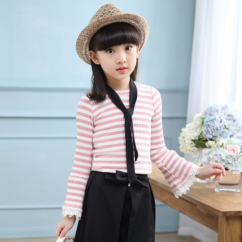 Pull coréen d'automne pour fille, haut à manches évasées en dentelle, t-shirt à manches longues avec rayures, pour fille de 8 10 12 ans