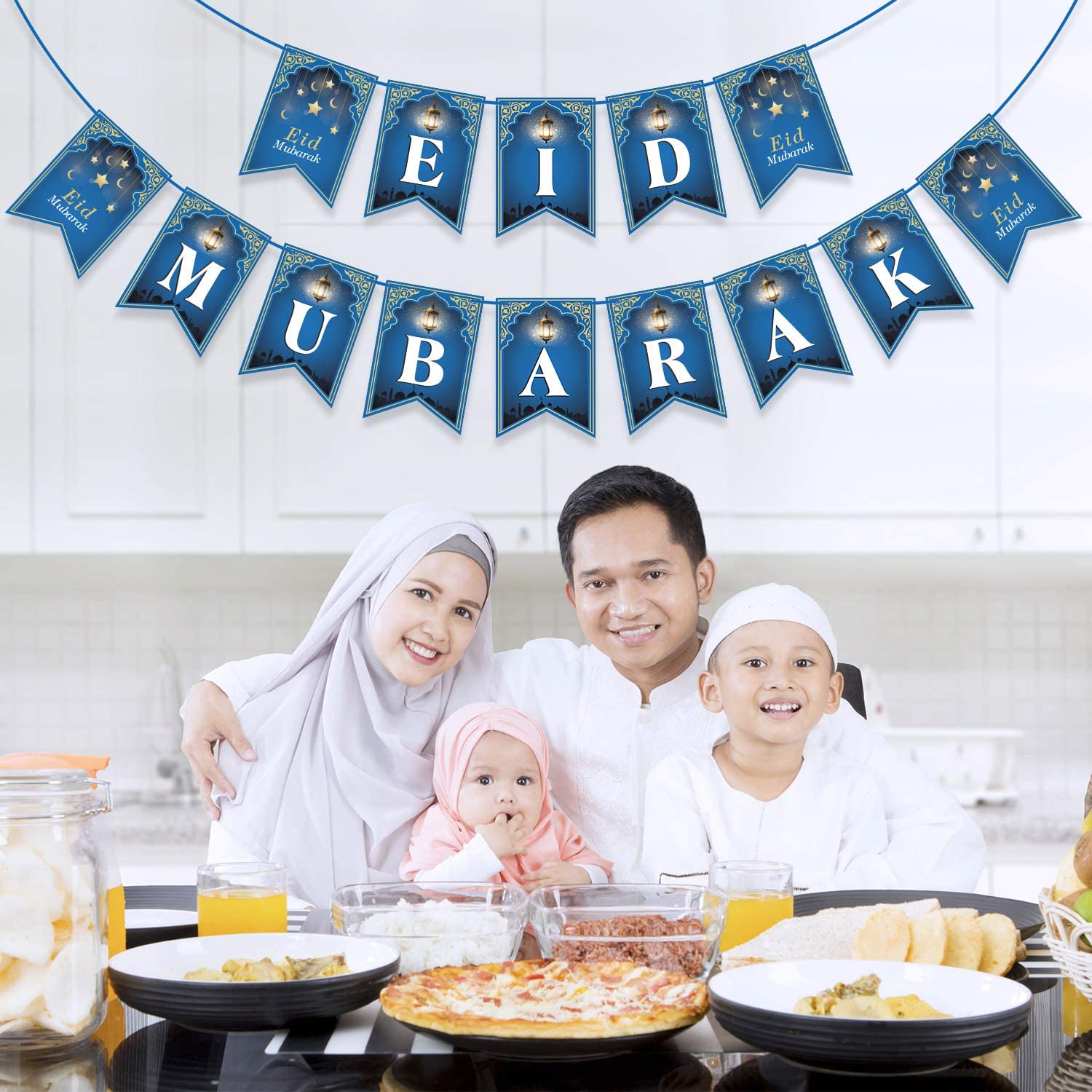 Guirxiété de banderoles Eid Mubarak, banderoles en papier avec lettres, décoration pour Ramadan Kareem, fournitures de fête musulmane islamique, , 2024