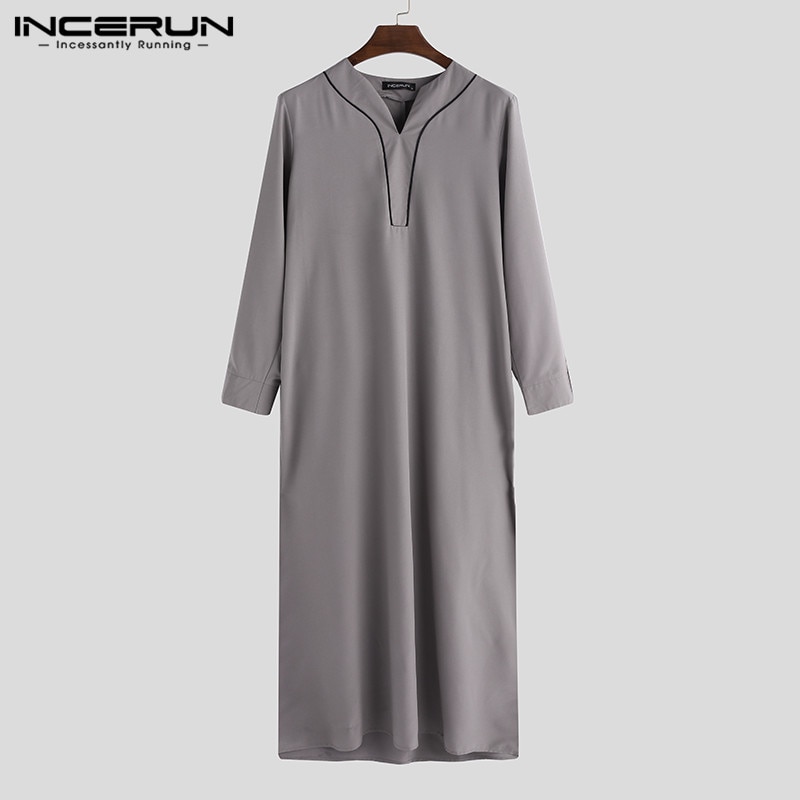 INCERUN męskie ubrania muzułmańskie Jubba Thobe z długim rękawem V Neck Casual Arabia saudyjska mężczyźni szaty Abaya dubaj Thobe arabski islamski Kaftan
