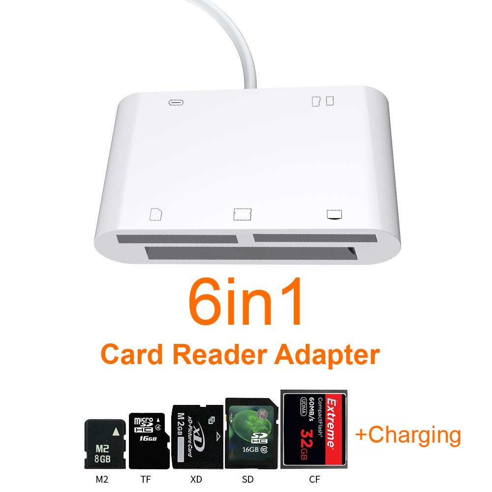 6 En 1 SD SDHC TF CF XD M2 lector de tarjeta de adaptador de carga para IPhone XS MAX XR 3 en 1 SD TF tarjeta CF lector para IPhone X 5S 6 7 8 P: 6 in 1