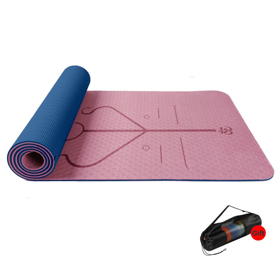 Dubbla lager 183*61*0.6cm tpe yoga halkfri matta yoga träningsdyna med positionslinje för fitnessgymnastik och pilates: E