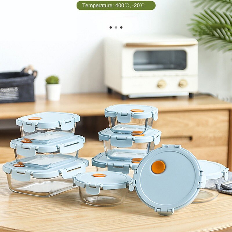 Glass Blue Lunch Box with Compartment Leakproof Food Container Microwave Bento Box Kitchen Meal Prep Storage Container