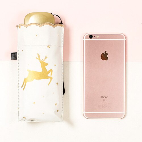 Mini Rosa Tasche Regenschirm Frauen Uv Kleinen Regenschirm Hirsch Druck Sonne Regen Damen Schwarz Beschichtung Fünf-Falten Bumbershoot: Beige Weiß