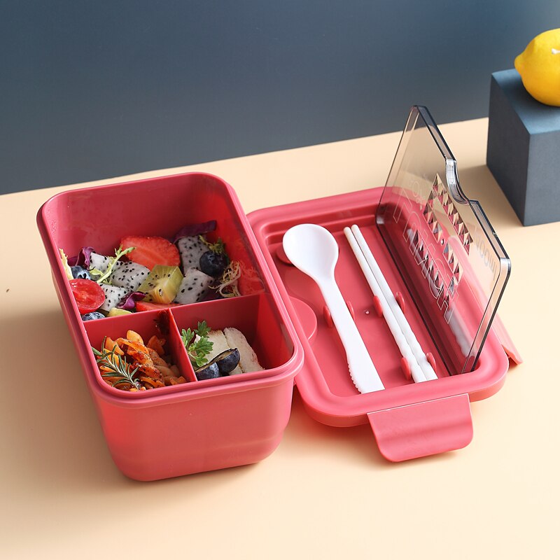 Grid Microwave Lunch Box Portable Japan Compartment Bento Box Simple Style Fruit Salad Container Storage For Kids With Tableware: RED