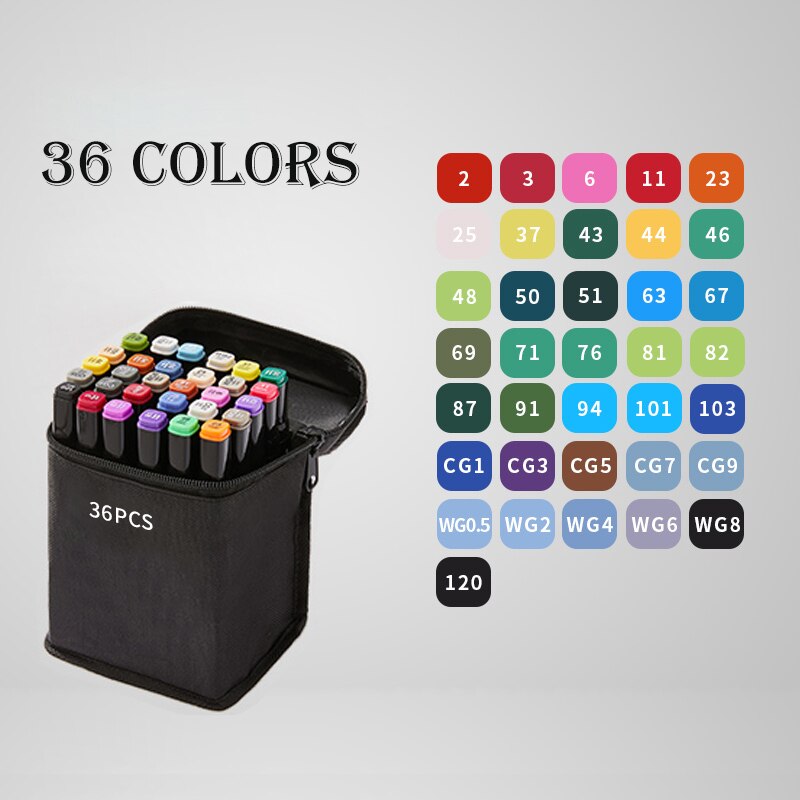 12/48/80/168 Touch Riancy Markers Set Manga Tekening Markers Pen Alcohol Gebaseerd Schets Vilt-Tip Twin borstel Pen Kunst Levert 04379: 36 black