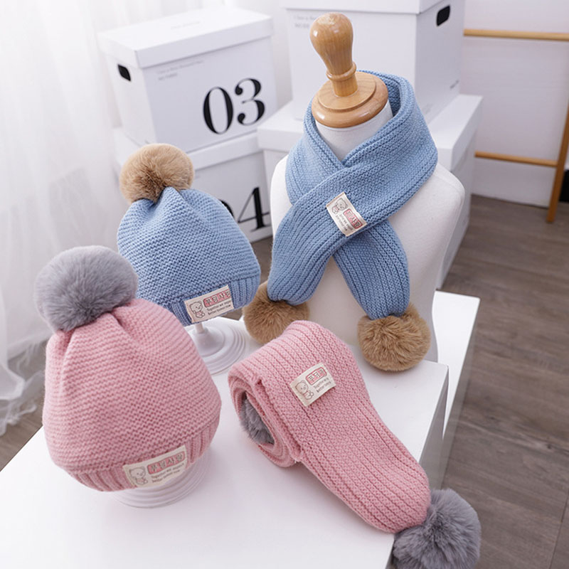 Doitbest 1 to 4 år gamla baby barn mössa hår boll enfärgad 2 st pojkar flickor vinter stickad hatt halsduk set