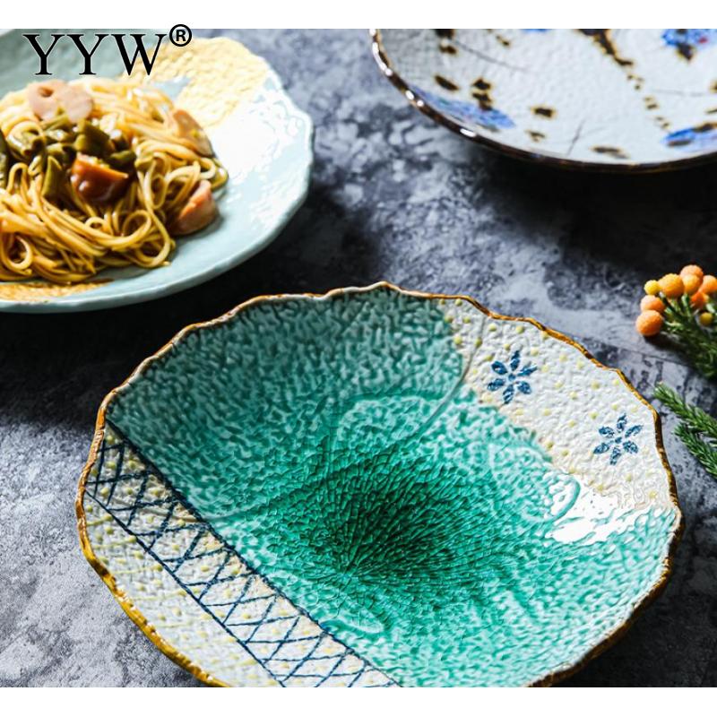 Hand-Painted Ceramic Plate Japanese Stone Pattern Polygonal Plate Cerative Plae For Household Or Restaurant Dinner Serving