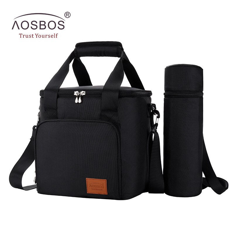 Aosbos Portable sac à bandoulière isotherme thermique sacs fourre-tout grands sacs de stockage de nourriture pour voyage adultes solide pique-nique sac à déjeuner: Black set