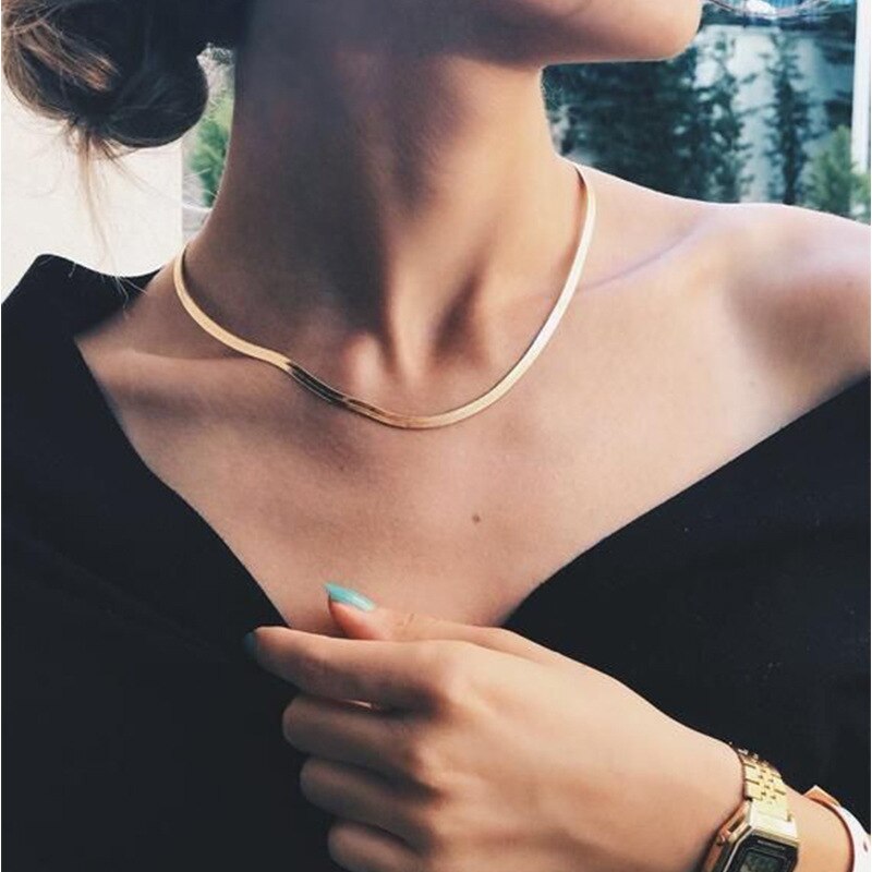 Punk Chokers Kettingen Voor Vrouwen Pailletten Eenvoudige Platte Blade Snake Kraag Ketting Goud Zilver Plated Mode-sieraden