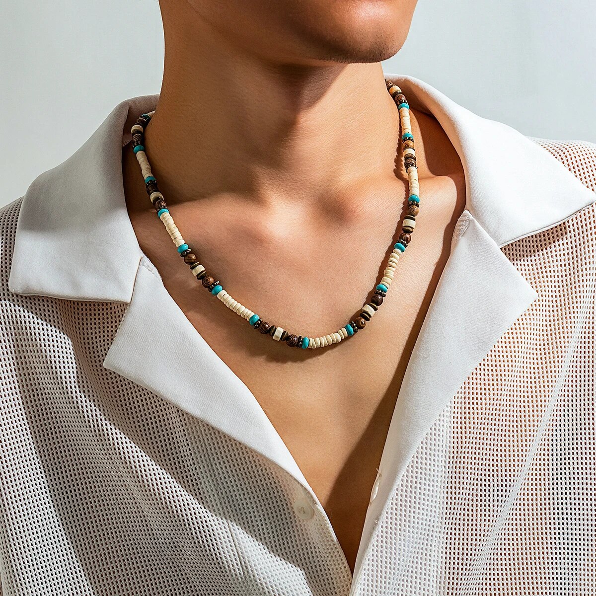 hombres verano playa cuentas de madera surfista collar Simple geométrico Tribal étnico cadena hecha a mano Steampunk joyería masculina: Azul
