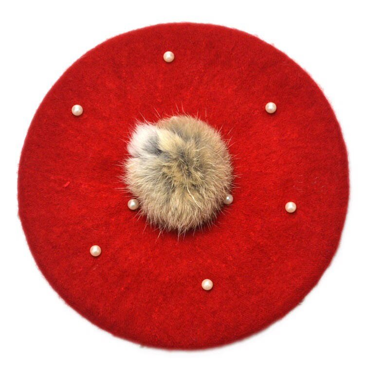 Børn perle kanin pels baret hat til baby piger hue hatte med pompon multicolor: Rød