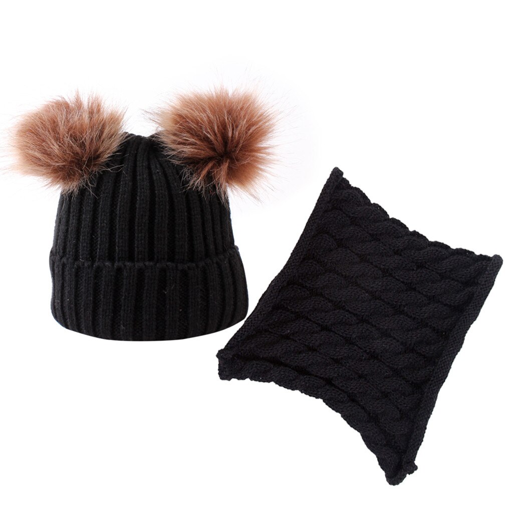 Vinter varm unisex solid två stycken stickad keps för barn med två päls boll halsduk vintermössa för jul: Svart