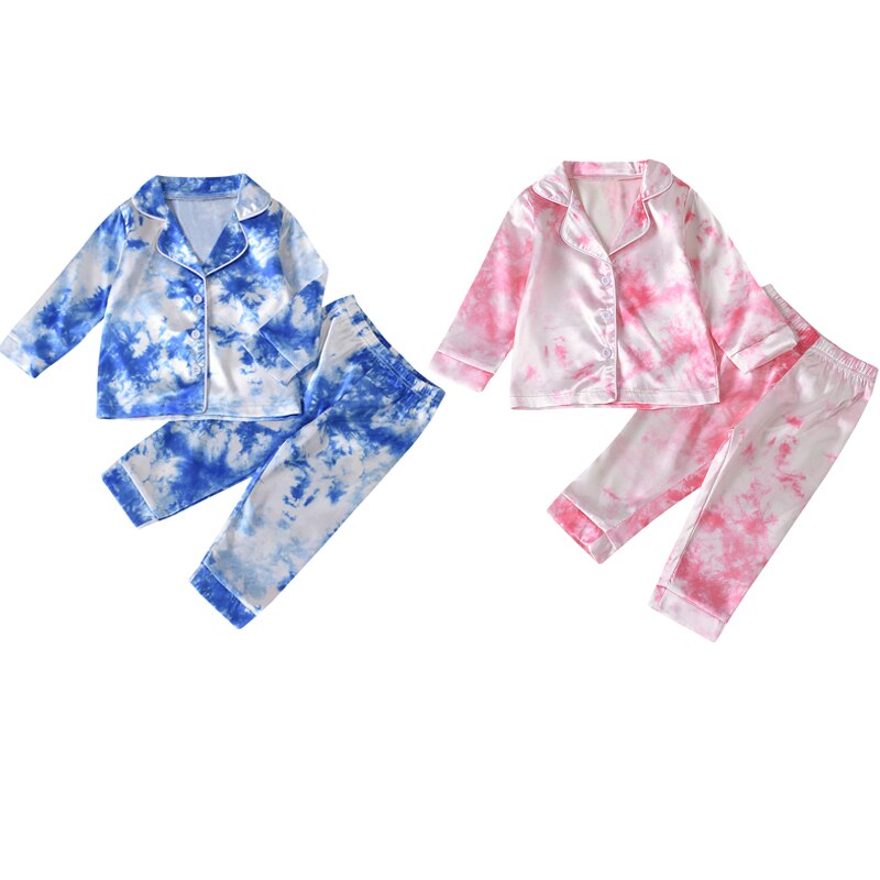 2 Stuks Kinderen Pyjama Set Tie-Geverfd Print Lange Mouwen Top + Elastische Losse Broek Nachtkleding Pak Voor Kleine meisjes Jongens