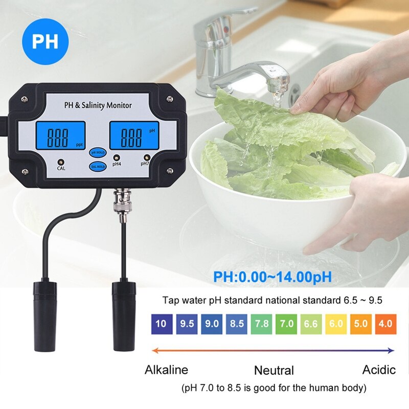PH-2685 PH & Salinity Monitor 2 in 1 Ph Meter&Salinity Tester for Aquarium Pool Spa Seawater Horticultural EU Plug
