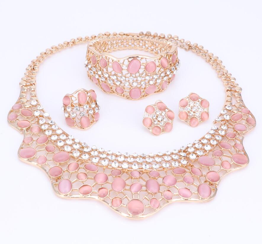 Mooie ketting armband oorbellen ring fijne afrikaanse sieraden sets kralen goudkleurig dubai bruiloft: Roze