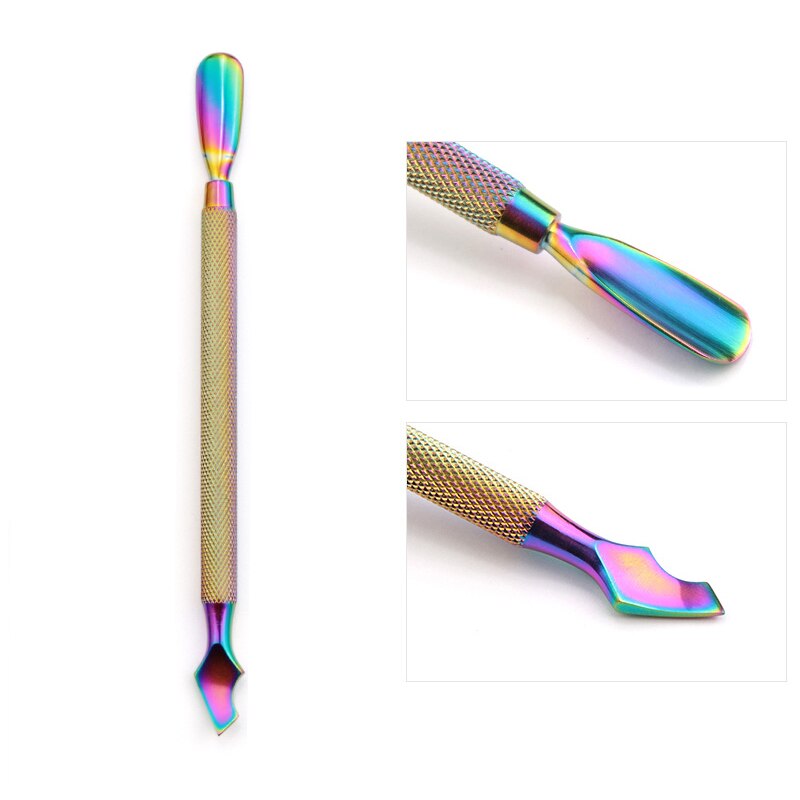 Tweekoppige Nail Art Dode Huid Push Cuticle Verwijderen Nagelvijl Rvs Push Voetverzorging Pedicure Gereedschap: Rainbow 04