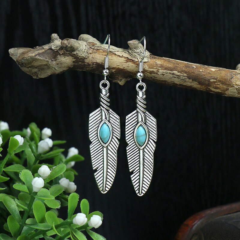 Vintage Bohemian Türkisen Verkrustete Ohrring für Frauen Kreative Silber Farbe Baum Blatt Vogel Glocken Geometrische Ohrringe Weiblichen Schmuck: 07