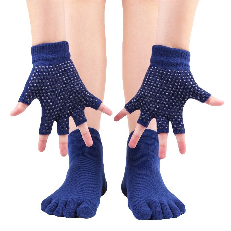 1 paire de chaussettes d'orteil de Yoga ensemble de gants antidérapants complet doigt chaussettes gants costume coton absorbant la sueur chaussettes de sport: Bleu
