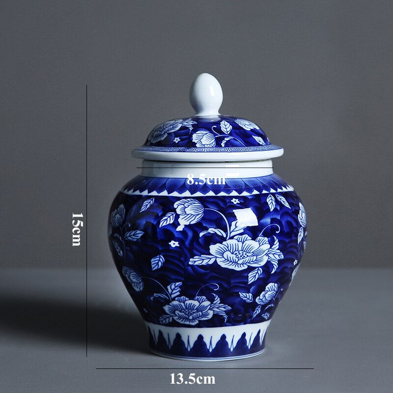 Blue and White Porcelain General Jar Candy Tea Storage Jar Flower Arrangement Ceramic Vase Household Sealed Storage Jar: E