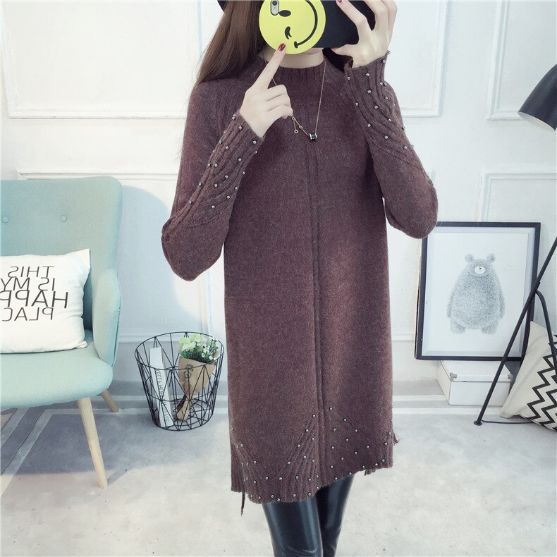 Women's Knitted Wool Dress Winter Turtleneck Beading Split Slim Thicken Medium Long Sweater Tops Female: W002120 coffee