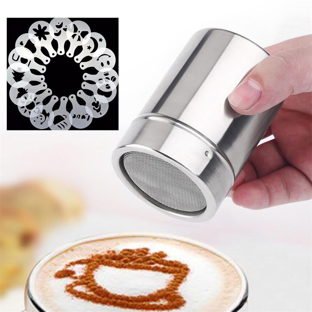 Rvs Chocolade Shaker Cacao Meel Koffie Zifter With12Pcs Koffie Stencils Template Strooit Pad Duster Spray