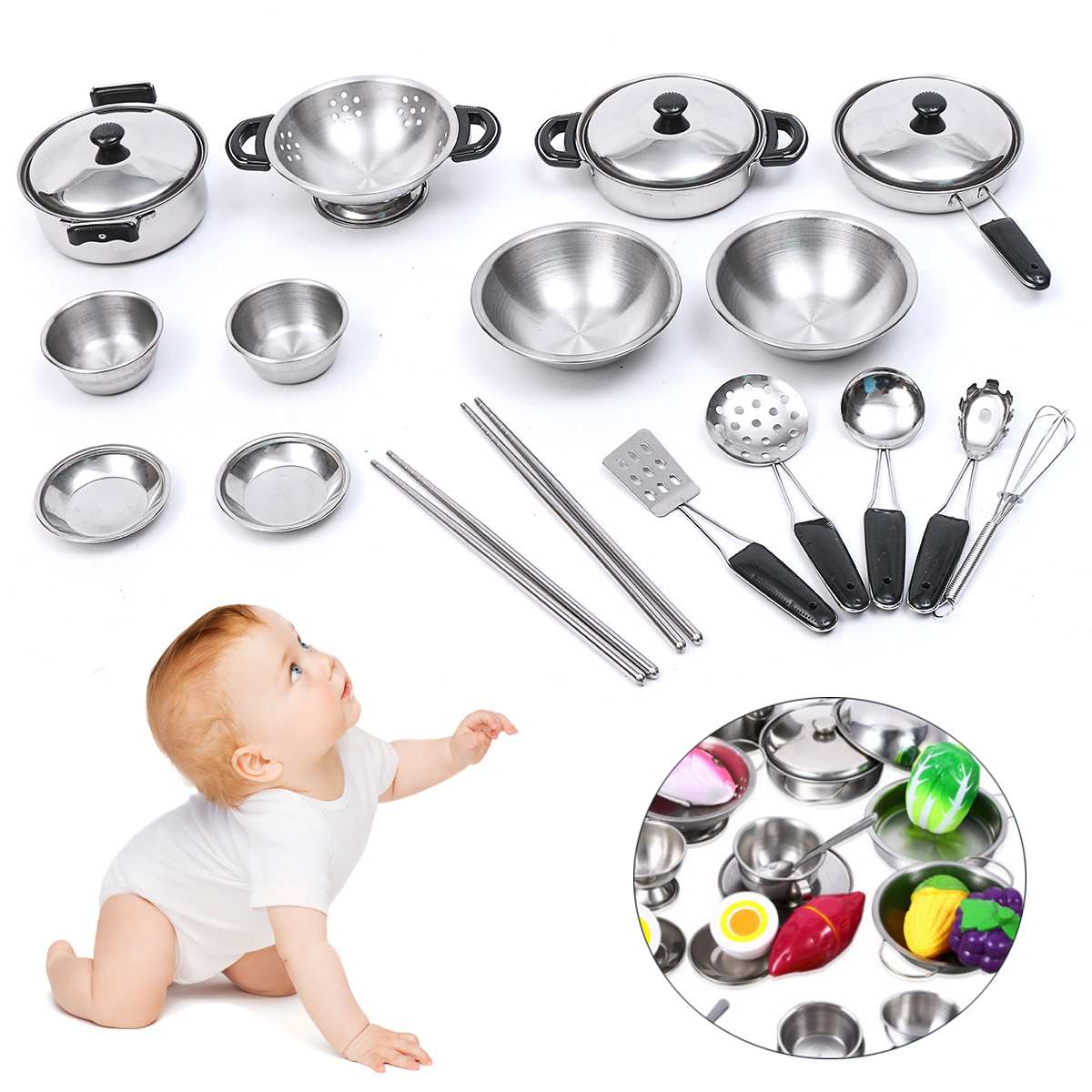 20PCS Gladde Roestvrijstalen Keuken Speelgoed Rvs Mini Speelhuis Keuken Model Kookgerei Kinderen Speelgoed Kinderen