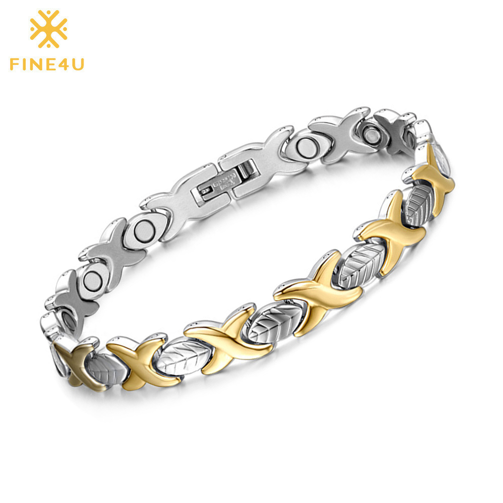 FINE4U B077 Hand Chain Leaf Magnetic Health Bracelets & Bangles 316L Stainless Steel Energy Healthy Bracelet For Women