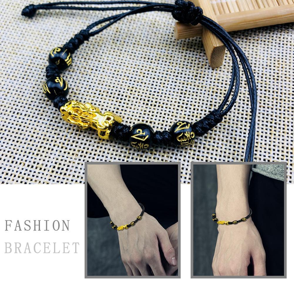 Feng Shui negro obsidiana pulsera trenzada pulsera Pixiu suerte hecho a mano riqueza amuleto trenzado Unisex Decoración