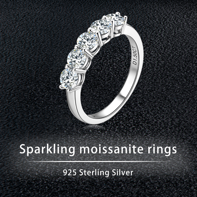 Iogou forlovelsesring med 5 steiner, 4mmd moissanitt, halv allianse-gaver, jubileumsringer til kvinner, sølv med 925 fint smykker