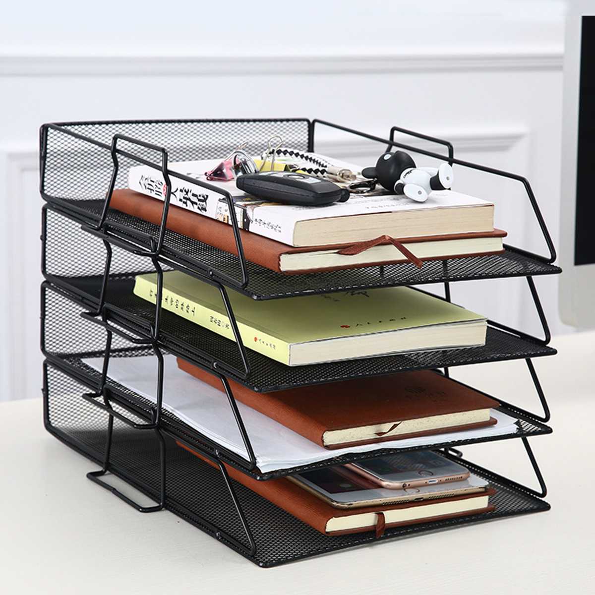 Stackable Iron Mesh A4 Paper Organizer Document File Storage Basket Holder Desktop Office Book Magazine Newspaper Storage Tray