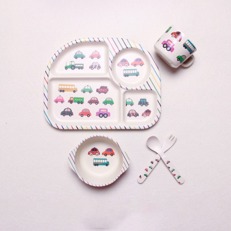 5 stuks babyservies van bamboevezel, babybord, kinderen, cartoon, scheidingsbord, kom, vork, lepel, beker, voedingsbenodigdheden