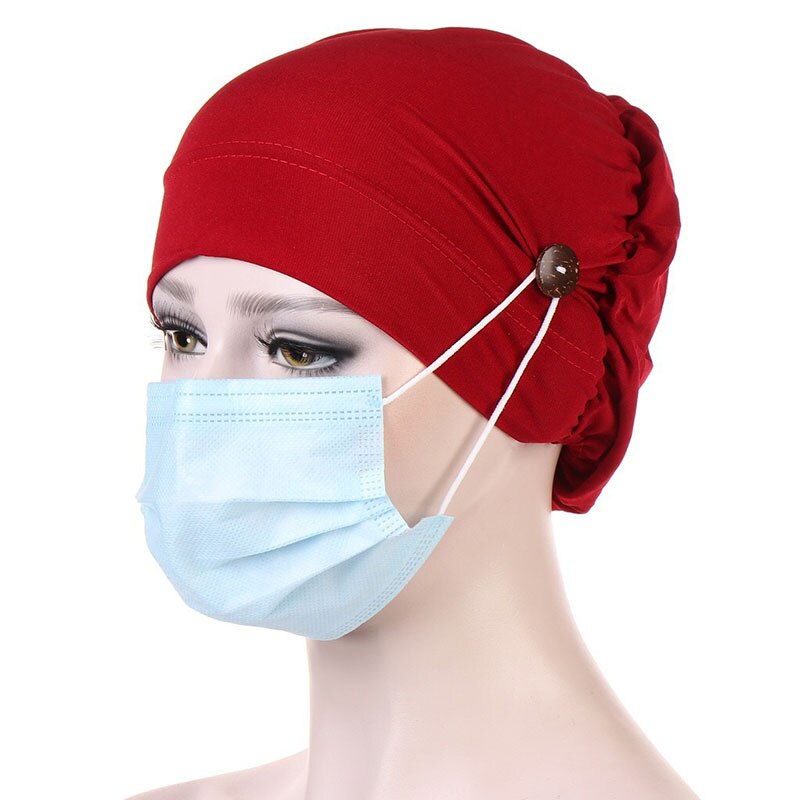 Women Turban With Button Simple Solid Color Head Wrap Mask Holder Headscarf Female Muslim Caps Ladies Casual Turbantes Headwear: Wine red