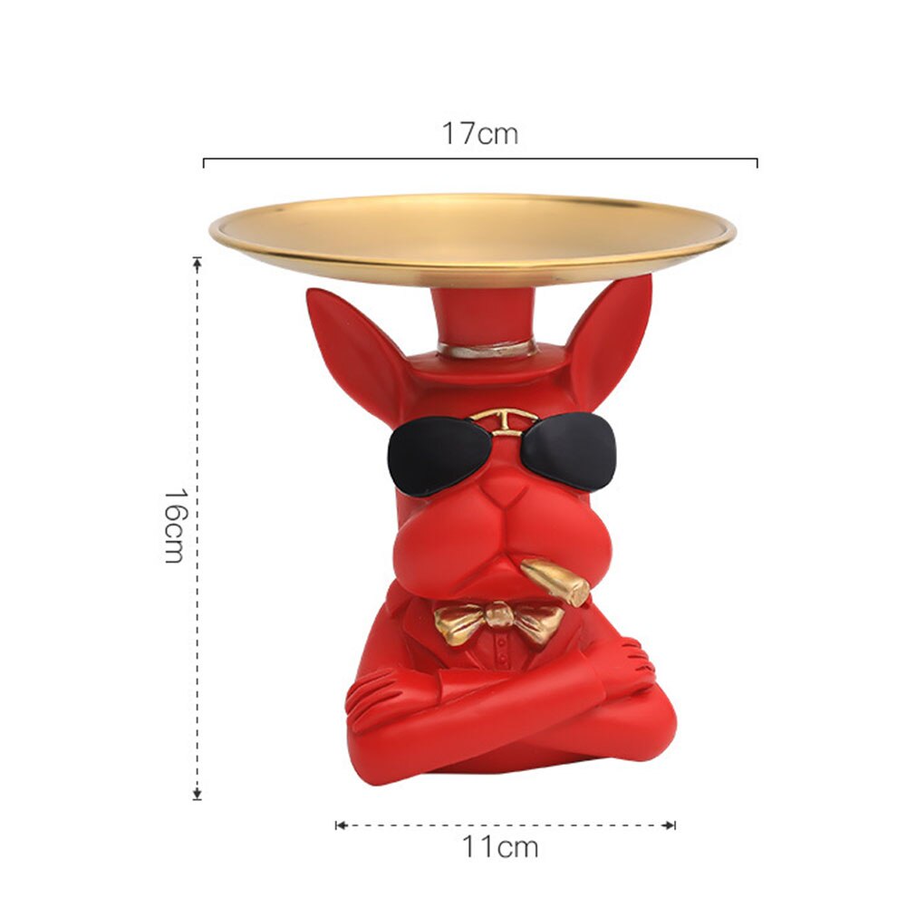 Nórdico francês bulldog escultura estátua do cão estátua de armazenamento jóias mesa decoração presente cinto placa óculos bandeja casa arte estátuas: C Red