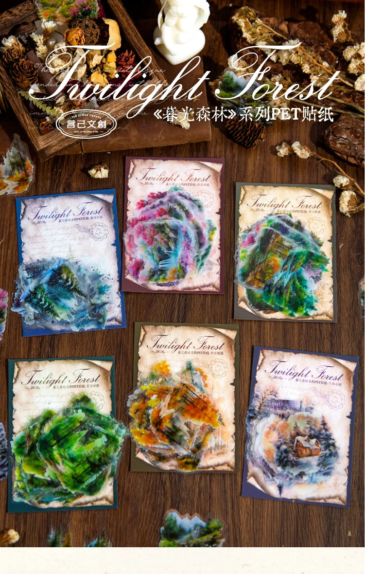 30 unids/bolsa pegatinas transparentes bolsa Crepúsculo bosque serie arte paisaje álbum de recortes diario basura Collages decorativos
