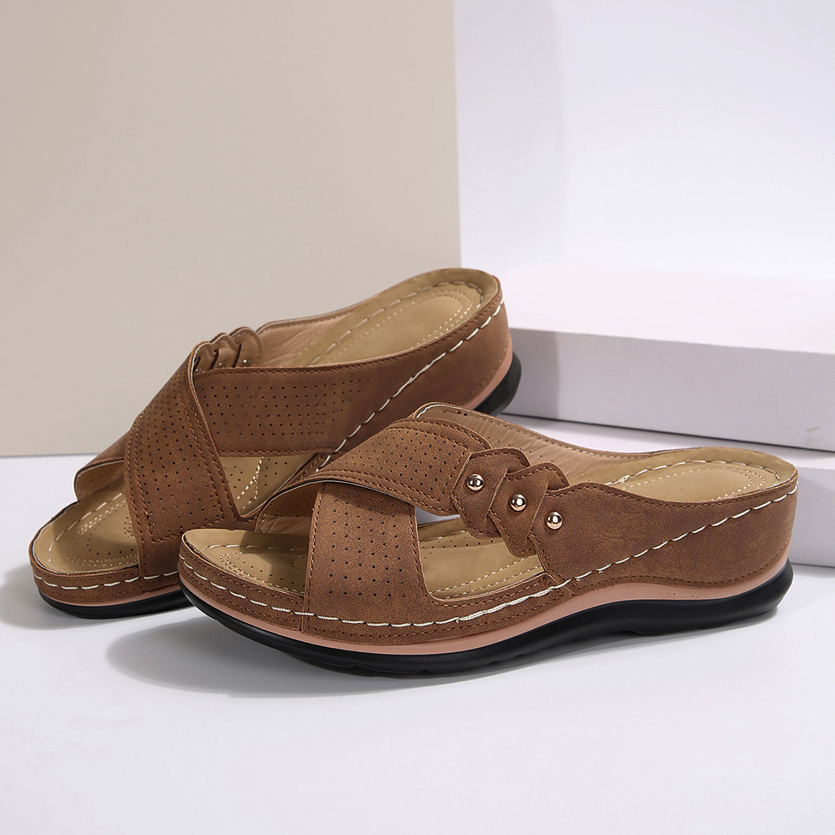 Vintage Mid Hak Strappy Rug Open Teen Slide Sandalen-Zachte Faux Lederen Bovenkant, Comfortabele Pu-Zool Comfortabele Schoenen Voor Dames: Bruin / 36