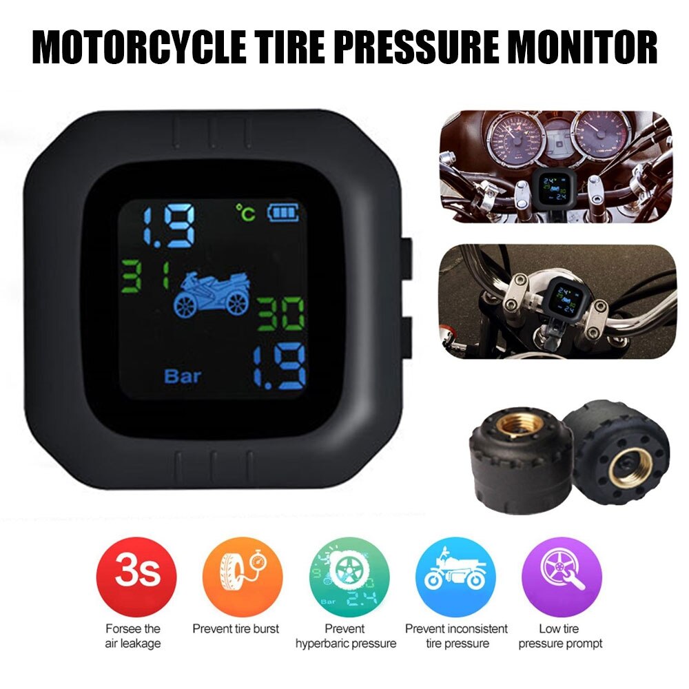 LCD Motorcycle Tpms Alarm Moto External Sensors Wireless Tyre Pressure Monitor System USB Bluetooth Mobile Phone APP Detection