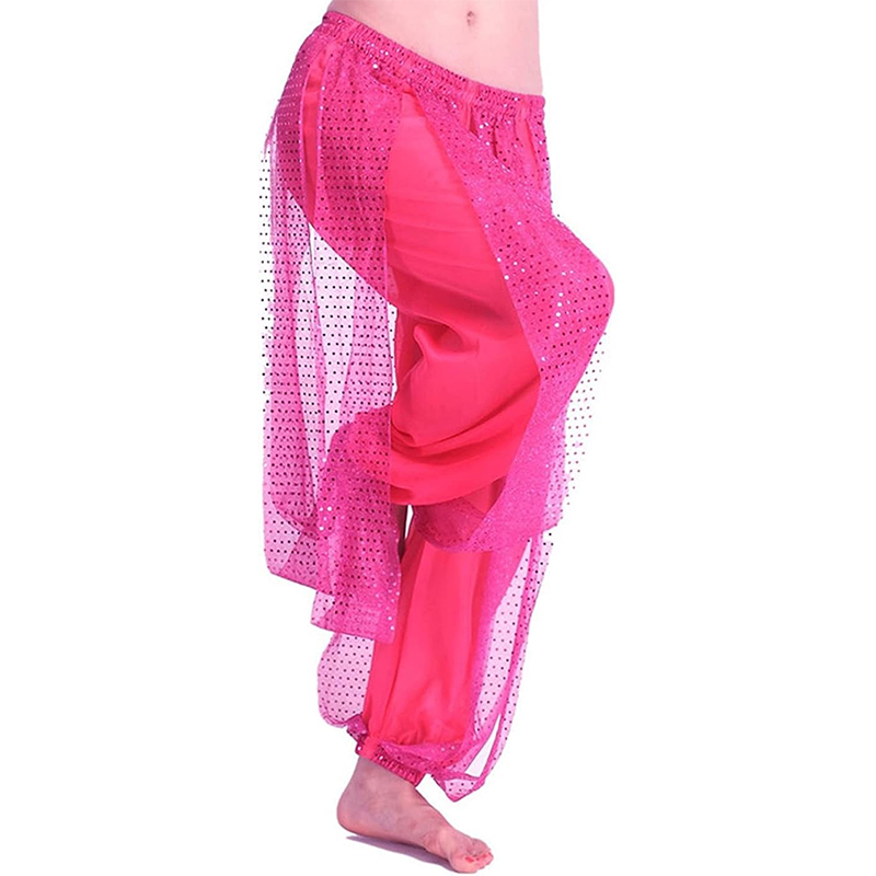 Pantalones Harem de gasa para danza del vientre, farol árabe de Halloween, pantalones de lentejuelas brillantes, pantalones elegantes, pantalones bombachos para mujeres bailarinas: Castaño