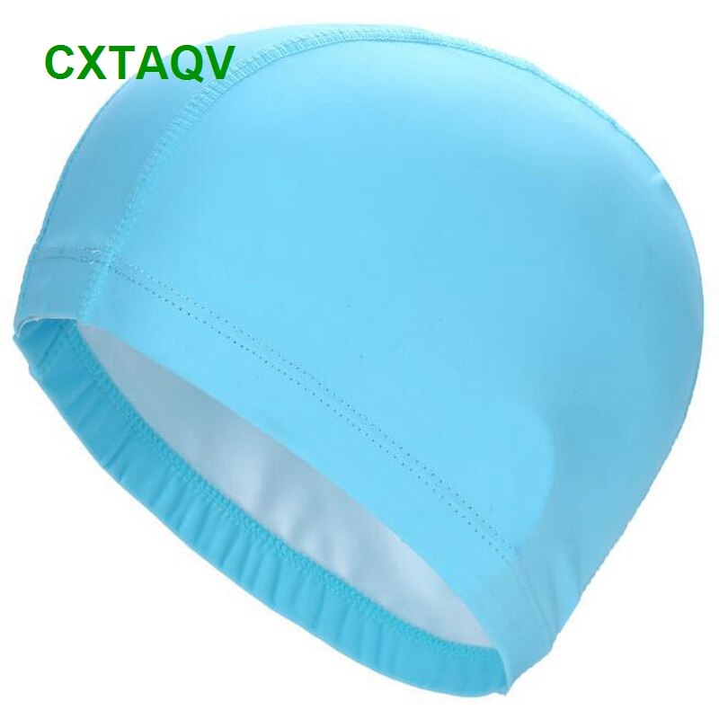 Comfortable Fit Adult Men Women Blank Swimming Cap Elastic Waterproof PU Fabric Protect Ears & Long Hair Swim Pool Hat: Sky Blue