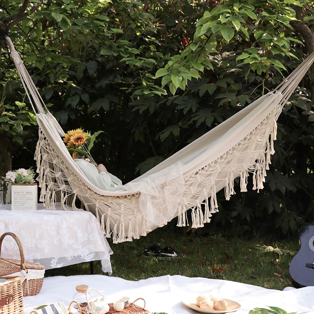 Stor 2 person hängmatta boho stil brasiliansk makrame fransad deluxe dubbel hängmatta nät gungstol inomhus hängande gunga