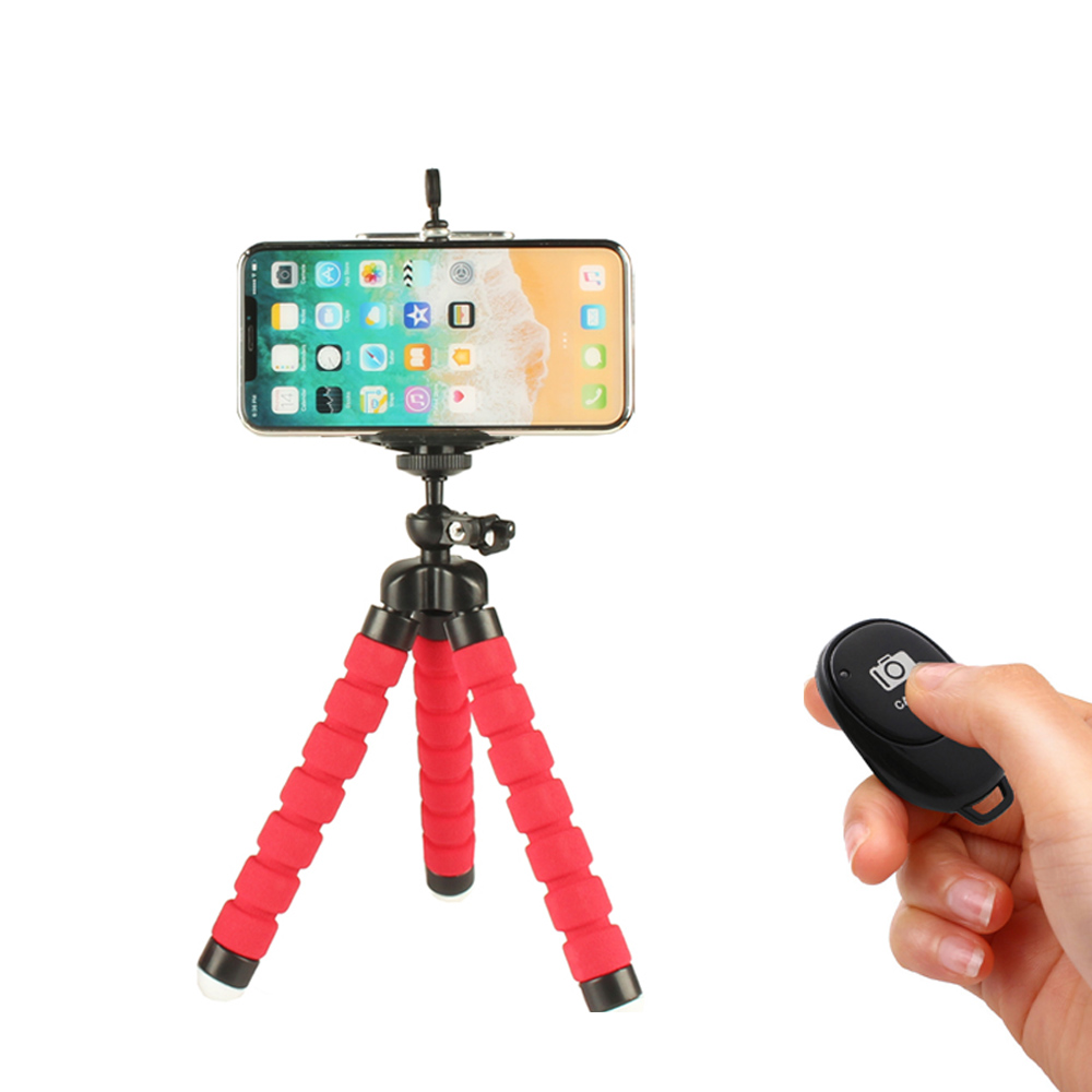 Draagbare Flexibele Tripod Stand Telefoon Clip Camera Smartphone Houder Bluetooth Selfie Voor Samsung Galaxy A10 M10 S10 Note 10 + plus: Red and Bluetooth