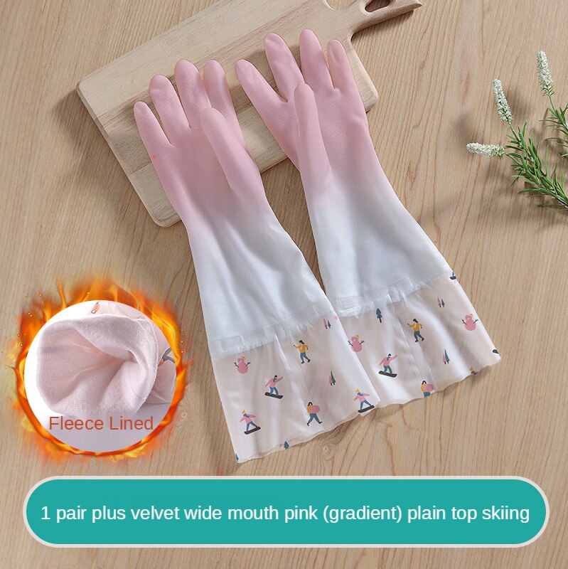Gants en caoutchouc pour femmes, cuisine, vêtements de lavage épais, vaisselle, ménage étanche, durables, Plus des gants en Latex de velours: Pink 777 wide