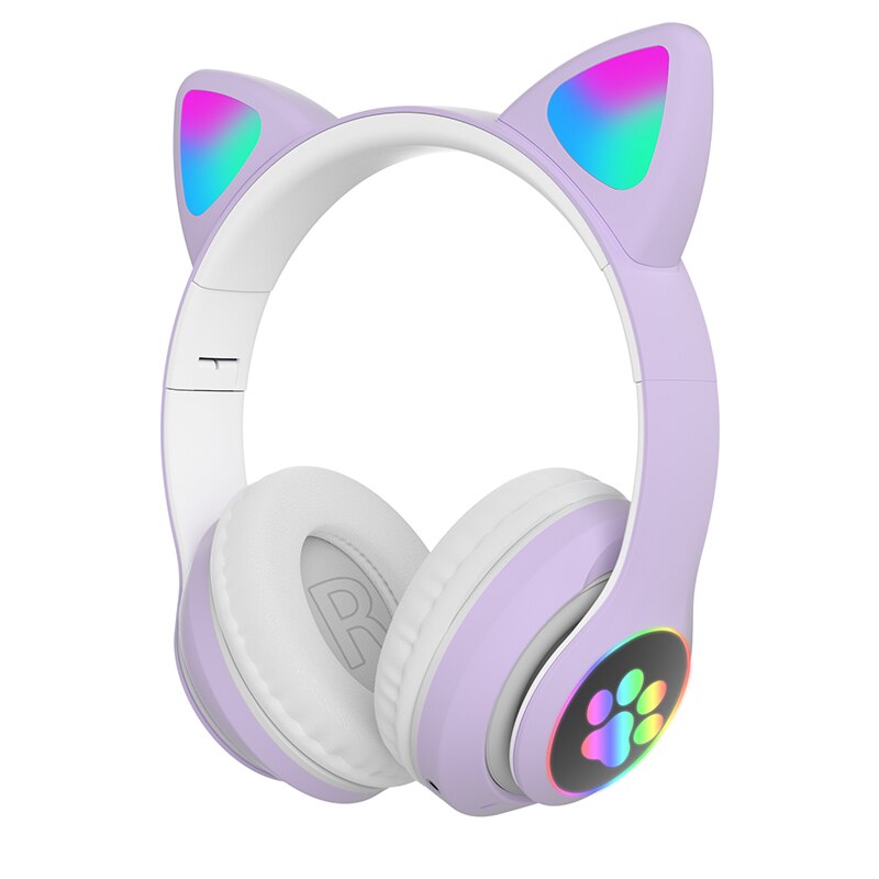 RGB Cat Ear Headphones Bluetooth 5.0 Bass Noise Cancelling Adults Kids Girl Headset Support TF Card With Mic Earphones: purple