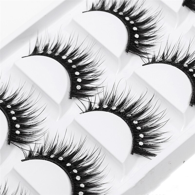 5 par scen makeup förlängning ögonfransar svarta långa med 9 diamanter dekoration lyxig naturlig rörig fluffig volym fransar mycket
