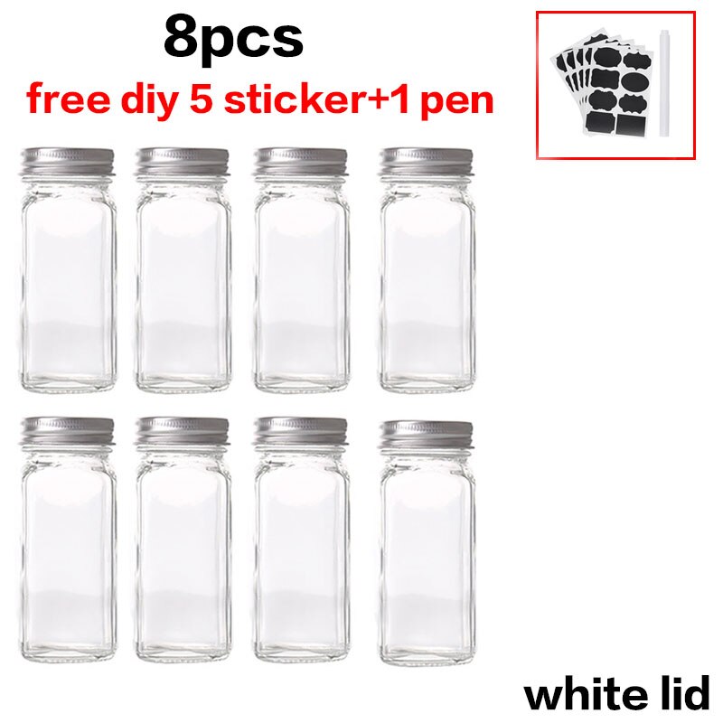 8pcs Lid Condiment Pot Seasoning Bottle Glass Kitchen Supplies And Materials Saltcellar Canister Set DIY Sticker Glass Spice Jar: 8pcs A