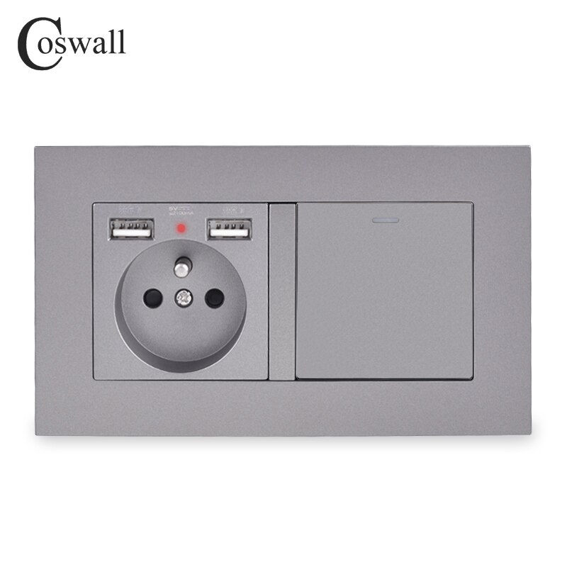 COSWALL Französisch Standard Steckdose Mit 2 USB Ladung Hafen + 1 Gang 1 Weg Auf/aus Rocker Licht schalter PC Tafel Schwarz Weiß Grau: grau