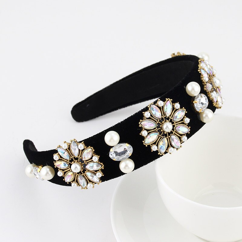 Hair Accessories Baroque Jeweled Pearl Hairband Crystal Rhinestone Bezel Velvet Satin Headband For Women Girls: Pattern 18