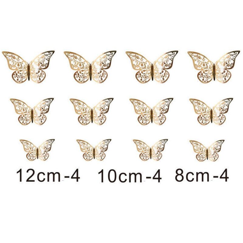 Alas de doble capa Multicolor 3D, adhesivo para pared de mariposa, imán de PVC, mariposas, , dormitorio, decoración de nevera, 12 Uds.: C gold